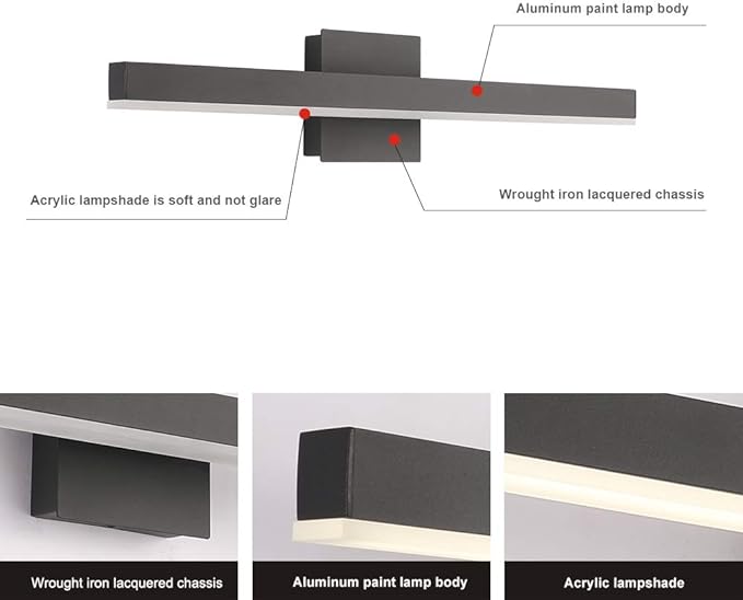 Joossnwell LED Bathroom Vanity Lighting Fixture Morden Bath Light Bar 23.62" Inch Black Wall Sconce 18W 4000K