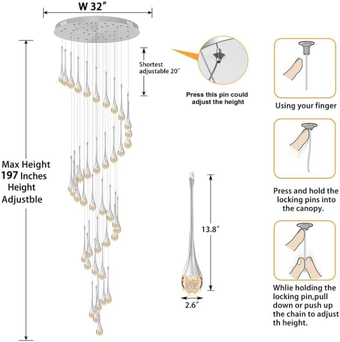 ykolupty 197inches Large Chandeliers for High Ceilings Silver Chandeliers for Entryway High Ceiling Pendant Lights Crystal Drop Light for Living Room Foyer Hallway Staircase