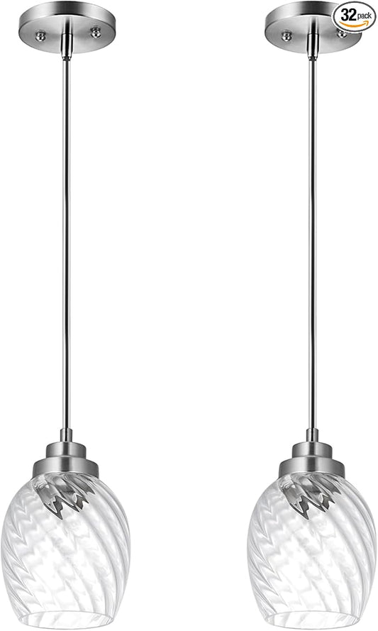 Glass Pendant Lights Kitchen Island,Twisted Clear Glass Treatment Pendant Light,Modern Hanging Light for Kitchen Sink Dining Room Bedroom, E26 (Brushed Nickel, 2pack)