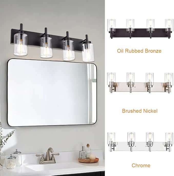 VINLUZ 4 Lights Bathroom Vanity Light Fixture Black Sconces Wall Lighting with Clear Glass Shade Modern Industrial Indoor Wall Mounted Lamp, Farmhouse Lighting for Kitchen (Patent No.: US D958,438 S)