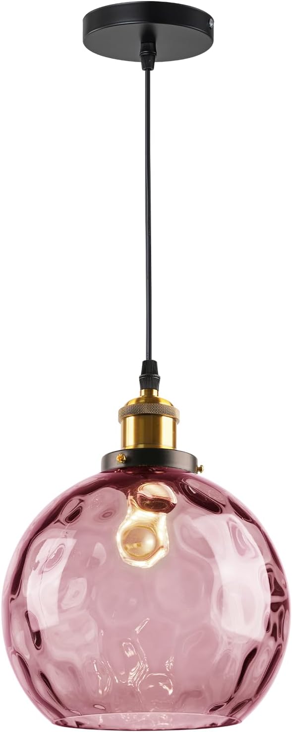 Pink Pendant Light Glass Globe Pendant Lights Kitchen Island Light Fixtures Ceiling Hanging with Hammered Glass Pendant Chandelier Lighting for Dining Room Living Room Girls Bedroom