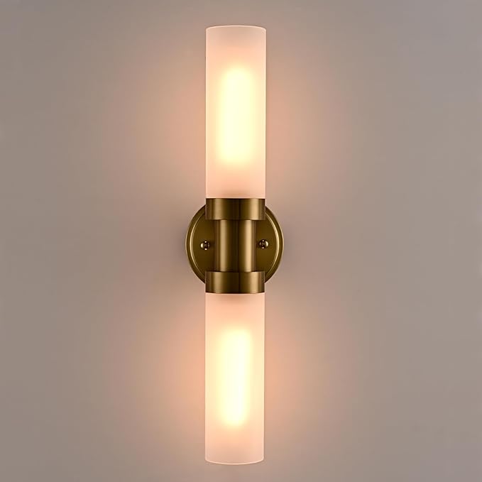 Modern Gold 2-Light Wall Sconce with Frosted Glass Shade 20-Inch Cylinder Bathroom Light Fixtures Brass Glass Sconces Wall Lighting for Living Room Bedroom