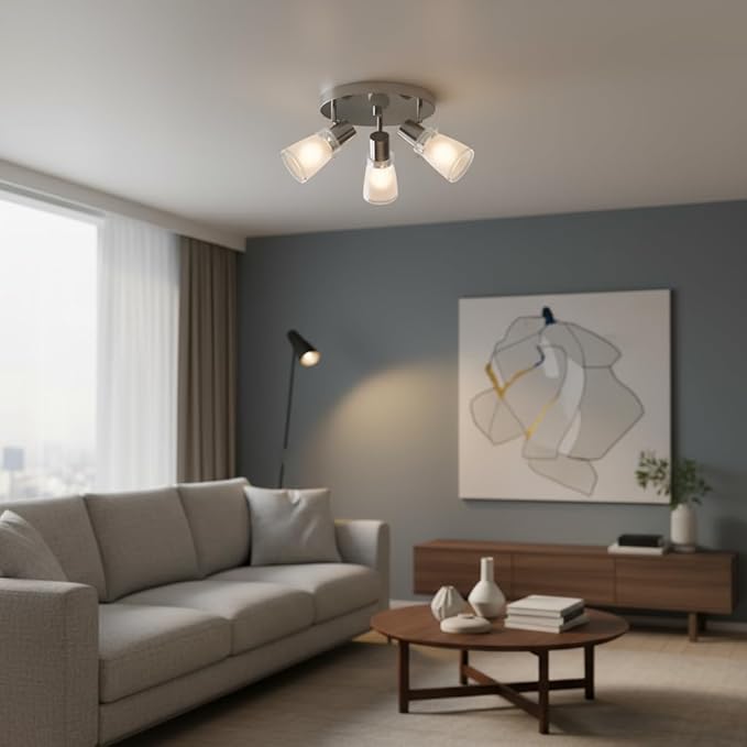 10” Decorative Track Lighting Kit, Brushed Nickel Finish Flush Mount Ceiling Light Fixture with Frosted Glass Shades, E26 Base Adjustable Heads Provide Directional Light (3-Light)
