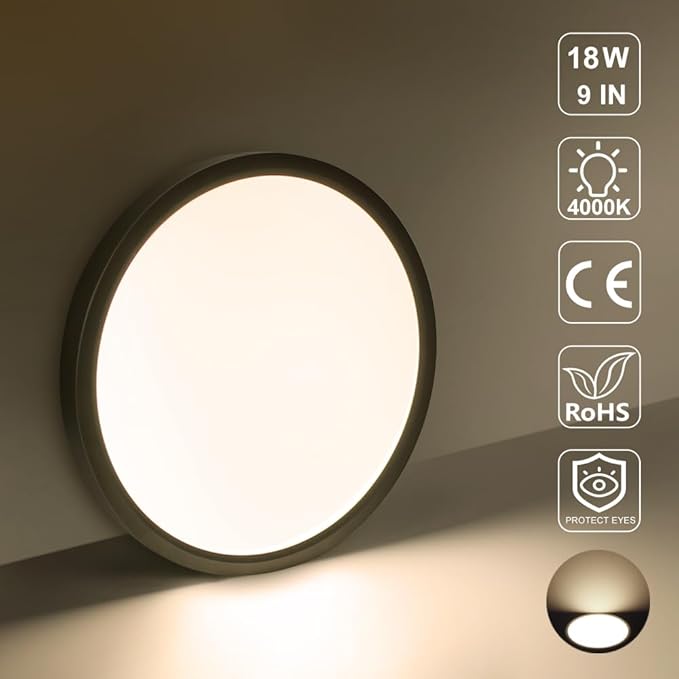 LED Flush Mount Ceiling Light Fixture, 8.9 Inch 18W, 4000K Daylight White, Black Flat Modern Round Lighting Fixtures, 1800LM, 180W Equivalent White Ceiling Lamp Lights for Kitchen, Stairwell, Bedroom