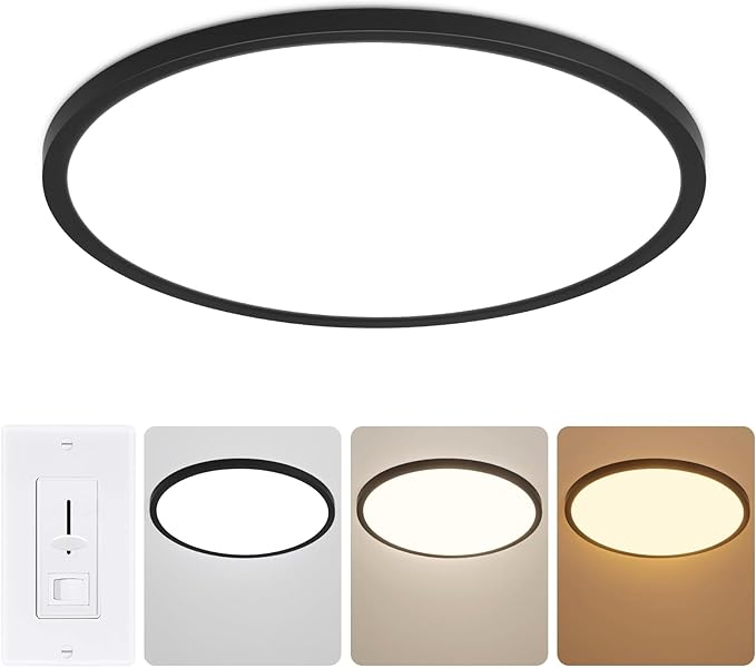 16 inch LED Flush Mount Ceiling Light, 32W 3200lm Dimmable Ceiling Light Fixtures, 3000K/4000K/6500K Selectable, Ultra Thin Round Lamp for Bedroom Kitchen Living Room Dining Room, Black