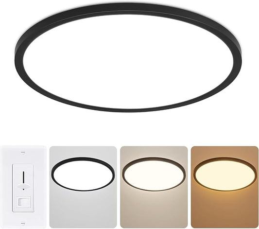 16 inch LED Flush Mount Ceiling Light, 32W 3200lm Dimmable Ceiling Light Fixtures, 3000K/4000K/6500K Selectable, Ultra Thin Round Lamp for Bedroom Kitchen Living Room Dining Room, Black