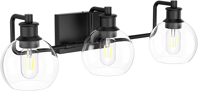 Tipace Black Vintage Bathroom Vanity Light Fixtures Over Mirror Glass Globe 3 Lights Industrial Vanity Lights Farmhouse Bath Lighting(Exclude Bulb)
