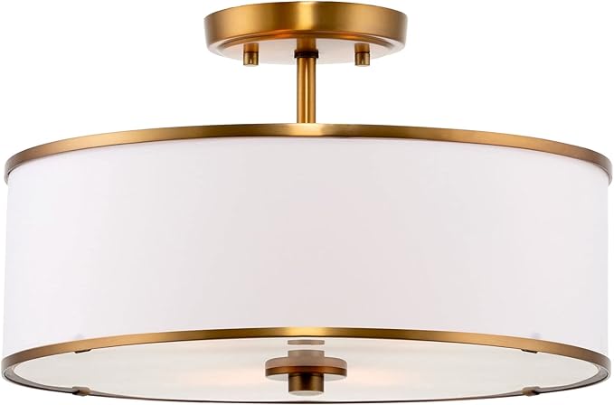 Kira Home Chloe 15" Retro Modern 3-Light Semi-Flush Mount Ceiling Light + White Drum Shade, LED Compatible, Round Tempered Glass Diffuser, Warm Brass Trim Finish