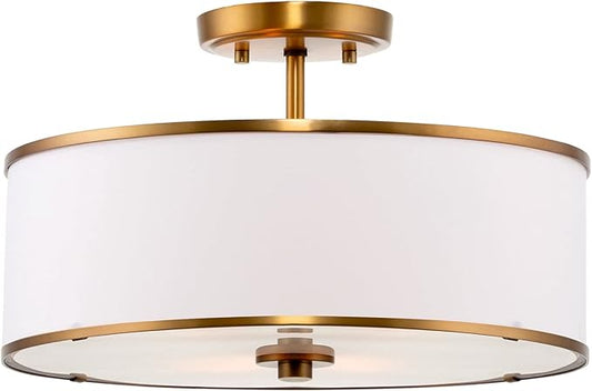 Kira Home Chloe 15" Retro Modern 3-Light Semi-Flush Mount Ceiling Light + White Drum Shade, LED Compatible, Round Tempered Glass Diffuser, Warm Brass Trim Finish