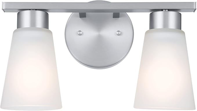 Kichler Stamos 2-Light Bathroom Vanity Light Fixture with Satin Etched Glass Shades, Modern Wall Mount in Brushed Nickel for Mirror Lighting (13 x 8 x 5 in), 45887NI