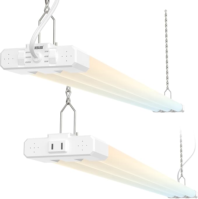 JESLED 4FT LED Shop Lights, 3CCT Selectable 4000K/5000K/6500K, Adjustable 30W/40W/50W, 7500LM(300W Eqv), Linkable Utility LED Light for Garage, Plug & Play, Ceiling or Hanging Mount, ETL, 2-Pack