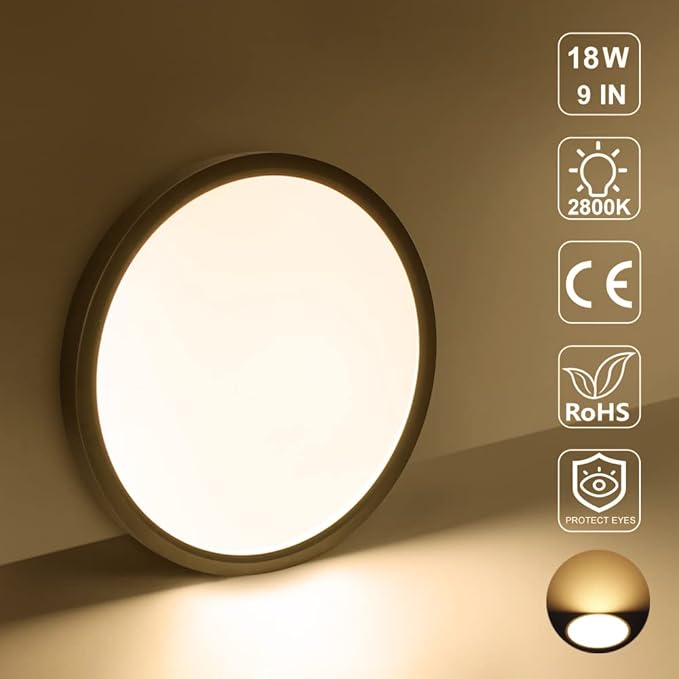LED Flush Mount Ceiling Light Fixture, 8.9 Inch 18W, 2800K Warm White, Black Flat Modern Round Lighting Fixtures, 1800LM, 180W Equivalent White Ceiling Lamp Lights for Kitchens, Stairwells, Bedrooms