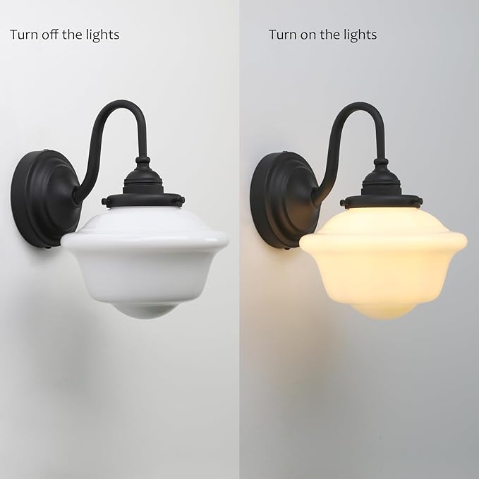 Pathson Vintage Wall Sconce with Milk White Glass, Hardwired Swan-Neck Wall Vanity Light Bathroom Sconce Fixture for Living Room, Foyer, Loft, Bedroom, Farmhouse Lamp