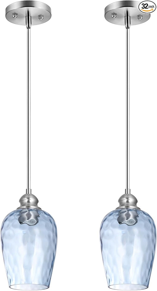 Glass Pendant Lights Kitchen Island, Blue Pendant Light Fixtures with Hand-Blown Clear Glass, Modern Hanging Light for Kitchen Sink Dining Room Bedroom, E26 (Blue, 2pack)