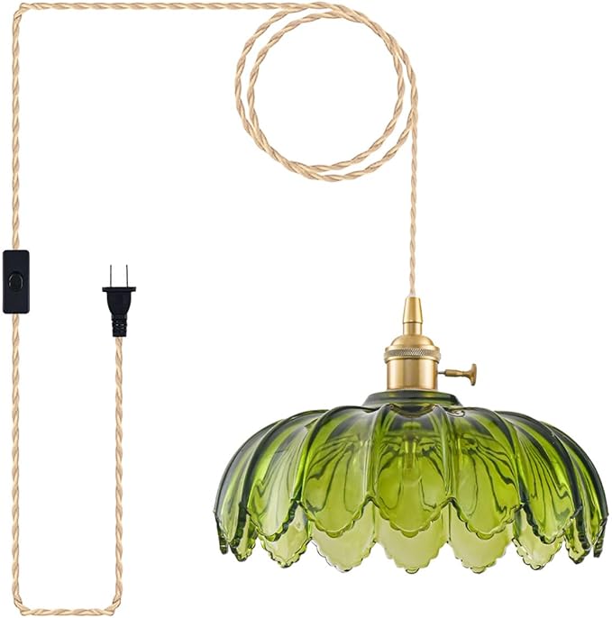 Plug in Pendant Light Fixtures, Hanging Light Fixture Glass Pendant Light, Vintage Green Hanging Lamp, Pendant Lighting for Kitchen Island, Bedroom, Dining Room, Living Room