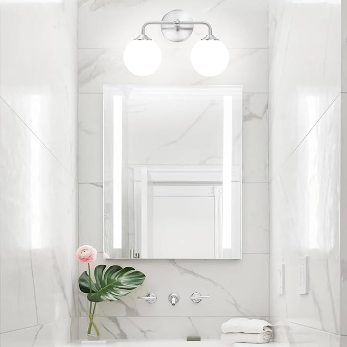Modern Brushed Nickel 2-Lights Bathroom Vanity Lights, Bathroom Lighting Fixtures Over Mirror with Milk White Globe Glass Shade, Elagant Wall Sconces for Dressing Table Bedroom Living Room