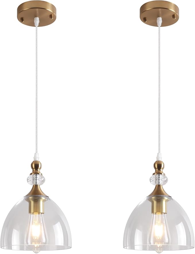 Vintage Pendant Light, Champagne Bronze Pendant Light Kitchen Island, Modern Glass Pendant Lights for Living Room, Dining Room, Bedroom, Hallway, Foyer, Sink, 2 Pack