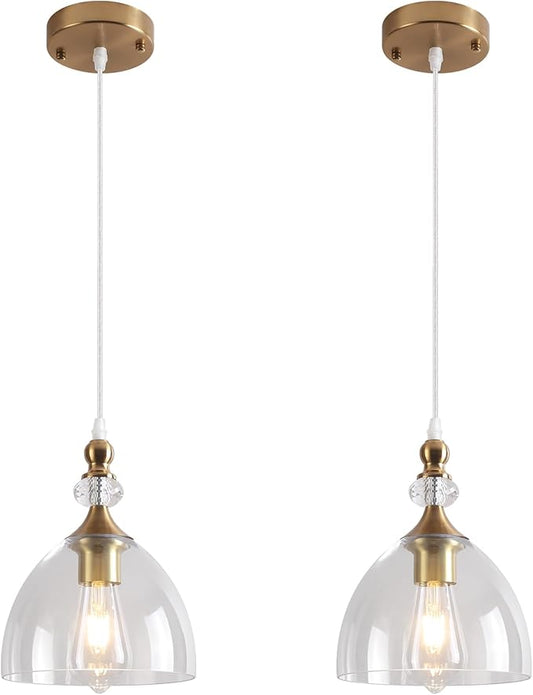 Vintage Pendant Light, Champagne Bronze Pendant Light Kitchen Island, Modern Glass Pendant Lights for Living Room, Dining Room, Bedroom, Hallway, Foyer, Sink, 2 Pack