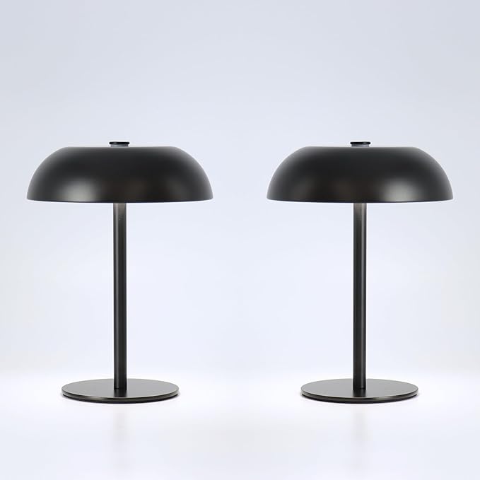 2 Pack Cordless Mushroom Table Lamp with 5200mAh Rechargeable Battery, Portable LED Night Light with Stepless Dimming, 3 Color Modes for Bedroom, Patio, Bar Decor and Coffee Shop Ambiance (Black)