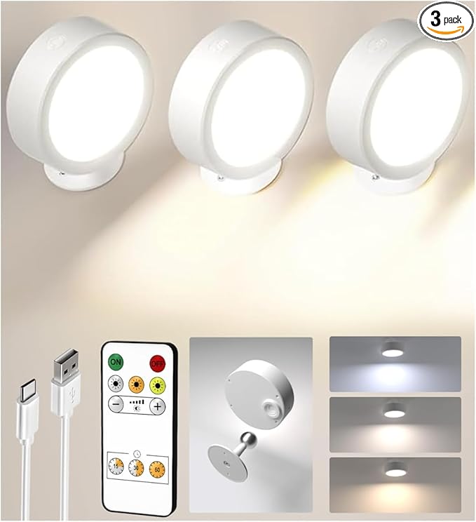 EZVALO LED Wall Mounted Light, 3000mAh Rechargeable Cordless Wall Sconce, Dimmable with Remote & Touch Control, 3 Color Temps, 360° Rotatable for Bedroom, Bedside, Reading(White, 3Pack)