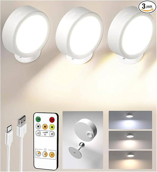 EZVALO LED Wall Mounted Light, 3000mAh Rechargeable Cordless Wall Sconce, Dimmable with Remote & Touch Control, 3 Color Temps, 360° Rotatable for Bedroom, Bedside, Reading(White, 3Pack)