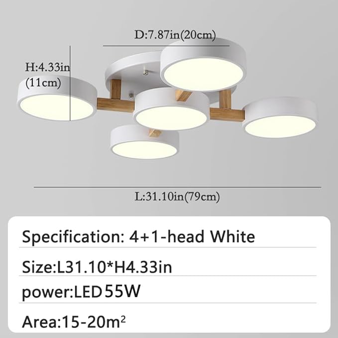 LED Ceiling Light Fixture,32 Inch 5-Lights Modern Ceiling Lights Flush Mount Wooden 55W Chandelier for Living Room Bedroom Kitchen,Dimmable 3000K/4000K/6000K Temperatures Selectable, White