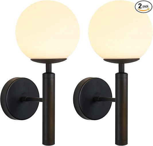 KCO Lighting Black Wall Sconces Set of 2 Modern Globe Wall Sconce Milk Glass Wall Light Farmhouse Mid Century Wall Sconce Bathroom Wall Light Fixture Over Mirror