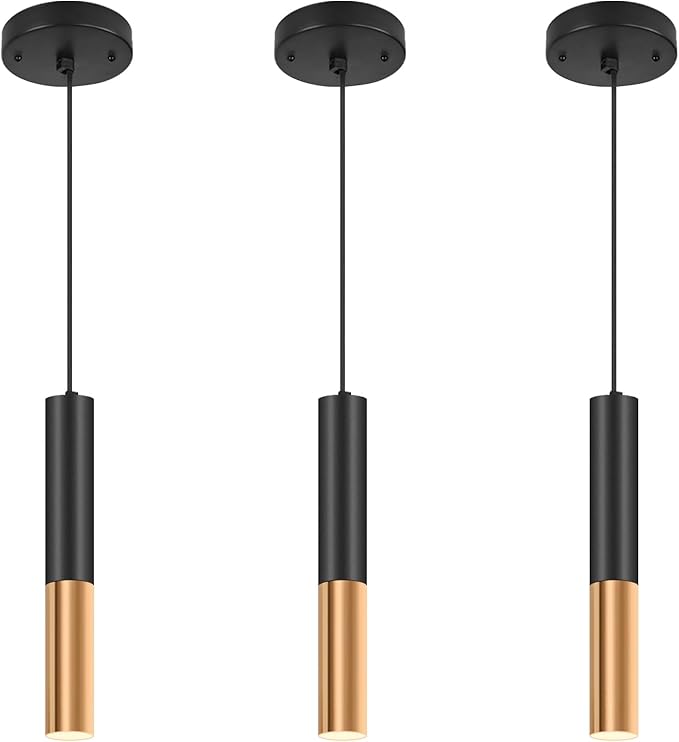 Modern Black Pendant Light Fixture for Kitchen Island, 1-Light Pendant Lighting, Lights Cord Adjustable, Matching GU10 lamp Holder,for Living Room Bedroom Dining Room (Black&Gold-3Pack)