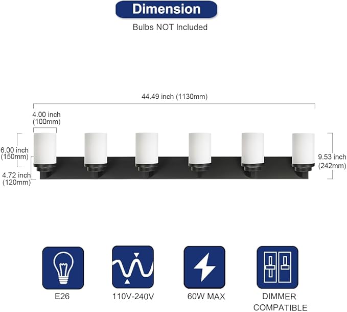 TODOLUZ Matte Black Bathroom Light Fixtures, 6-Lights Vanity Lighting Over Mirror with Opal White Glass Shades, Farmhouse Wall Lamp E26 Bulb Base