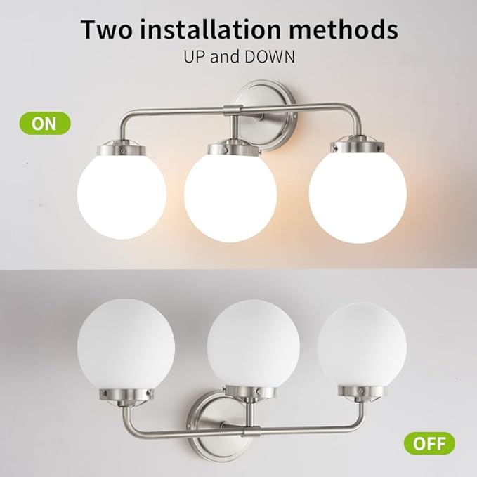 Bathroom Light Fixtures Over Mirror, Brushed Nickel Modern Vanity Lights with Milk White Glass Globe Shades 3-Light Farmhouse Wall Sconce Lighting