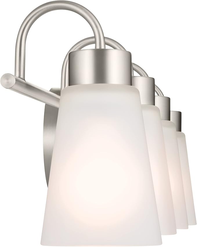 Kichler Erma 4-Light Bathroom Vanity Light Fixture with Satin Etched Glass Shades, Brushed Nickel Wall Mount over Mirror Lighting for Bathroom Vanity (32.5" x 8.5" x 6"), 55127NI