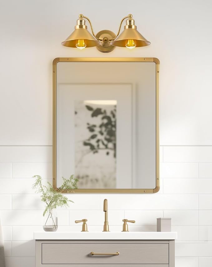 Kira Home Welton 19" 2-Light Modern Farmhouse Gold Vanity Light with Dual Funnel Shades, Industrial Gold Wall Sconce Bathroom Light, Cool Brass Finish