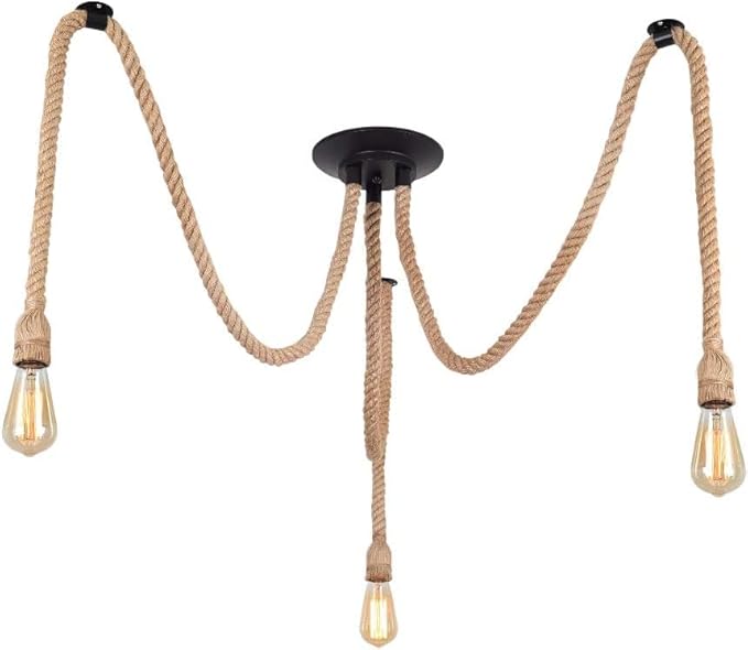 Hemp Rope Pendant Light,Industrial Ceiling Spider Lamps,Retro Pendant Lights Fixture,Adjustable DIY E26 Chandelier Lighting,Hemp Rope Hanging Light for Coffee Shop Dining Room