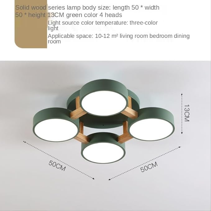 LED Ceiling Light Fixture,20 Inch 4-Lights Modern Ceiling Lights Flush Mount Wooden 44W Chandelier for Living Room Bedroom Kitchen,Dimmable 3000K/4000K/6000K Temperatures Selectable, Green