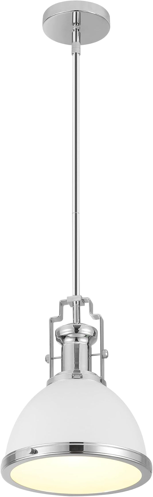 JONATHAN Y 10" Chrome/White Modern Industrial Iron LED Dome Pendant Light, Adjustable Hanging Fixture for Kitchen Island or Entryway, Black Metal Shade, LED Bulb Included (JYL9535C)