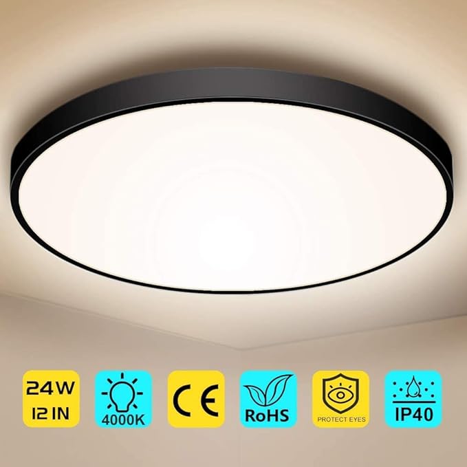 LED Flush Mount Ceiling Light Fixture, 12 Inch 24W (240W Equivalent) 4000K Natural White, 3200LM, Flat Modern Round Lighting Fixture, Black Ceiling Lamp for Kitchens, Stairwells, Bedrooms.etc.