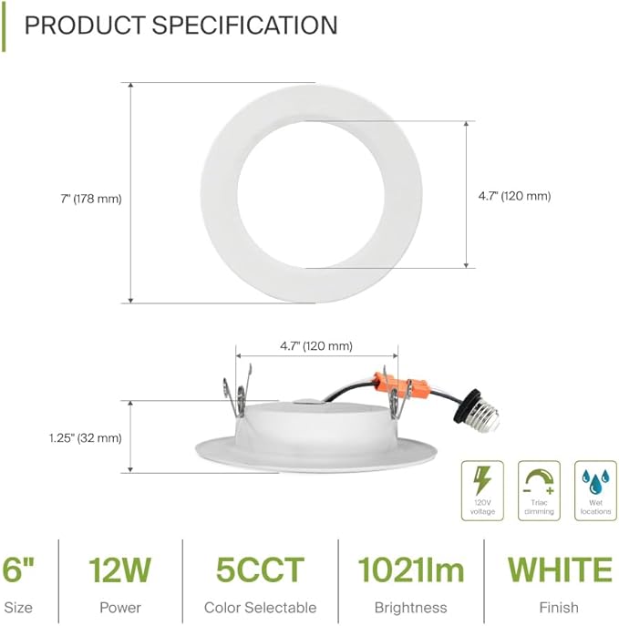 ASD 12 Pack Retrofit LED Recessed Lighting 6 Inch - 12W 2700K-5000K 971LM Flat Can Lights for Ceiling 6 Inch, Dimmable Recessed Lights, Wet Rated Wafer Lights, ETL