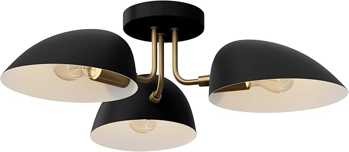 Nathan James Argo Semi Mount Flush Ceiling Light, 3-Lights Modern Retro Lighting with Black Rounded Shades for Hallway, Dining Room and Bedroom, Vintaged Brass/Black
