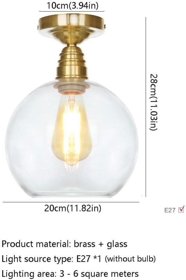 Modern Brass Semi-Flush Mount Ceiling Light, 1-Light Glass Shade Ceiling Lighting, Minimalist Home Kitchen Close to Ceiling Lamp，Nordic Bedroom Entryway Ceiling Light Fixture(Cognac,20CM)