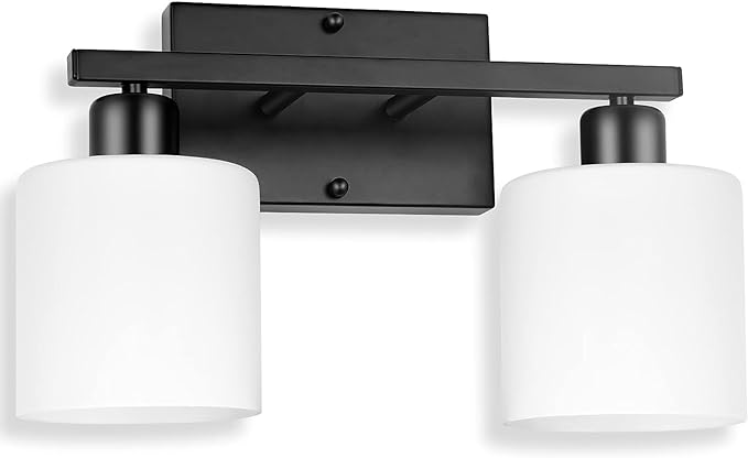 Bathroom Light Fixtures Over Mirror, Anti-Rust Matte Black Vanity Lights 15 Mid Century Modern 2-Light Wall Sconces, Milky White Glass Shades, E26 Standard Socket, Bulbs Not Included
