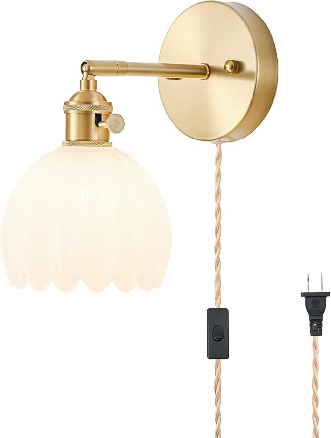 Plug in Wall Sconce, Vintage Sconce Light with Tulip Milk White Glass Lampshade, Bedside Wall Sconce with Switch and Plug in Wall Lamp Cord, Gold Wall Light for Bedroom