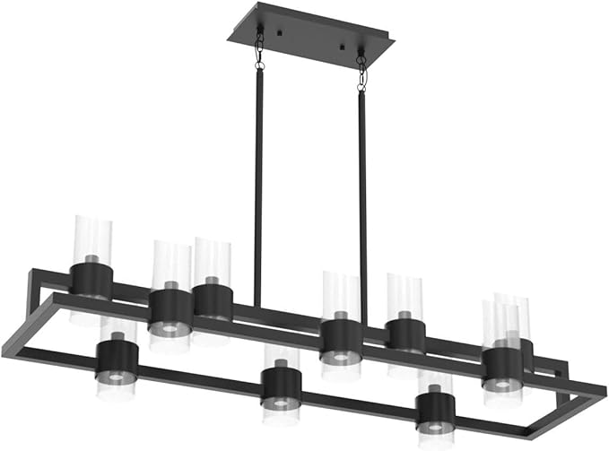 WUZUPS Island Rectangle Chandelier 10-Light with Clear Glass Industrial Modern Farmhouse Linear Light Fixture for Dining Room Kithen Island, Width 42.5" Height 10.4", Black