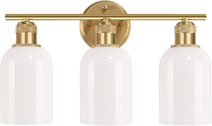 Vintage Gold 3-Light Vanity Light, Wall Light Fixtures with White Glass Shade for Bathroom Mirror Kitchen Living Room Hallway Cabinet Porch