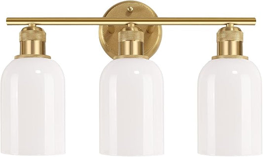 Vintage Gold 3-Light Vanity Light, Wall Light Fixtures with White Glass Shade for Bathroom Mirror Kitchen Living Room Hallway Cabinet Porch