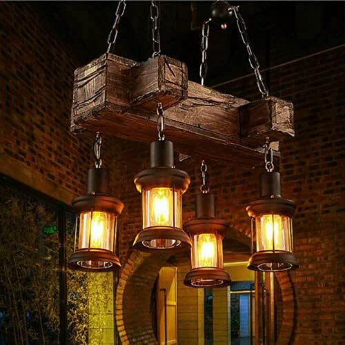 4 Lights Rustic Wood Chandelier, Industrial Vintage Wooden Ceiling Lamp Hanging Pendant Light Retro Suspension Lighting Fixture for Living Dining Room Bedroom Kitchen Restaurant Coffee Shop