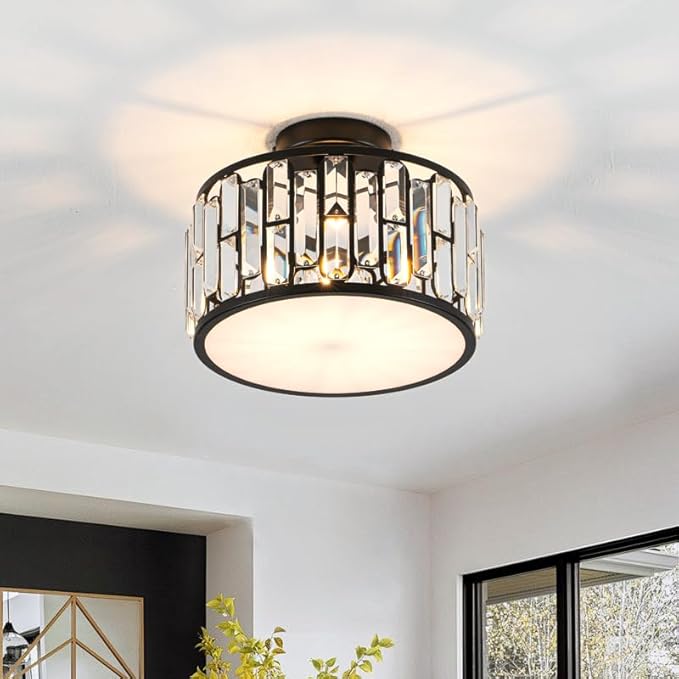Black Crystal Ceiling Light Fixture - Modern Semi Flush Mount Chandelier with K9 Crystals for Bathroom Bedroom Entryway Hallway Closet 1 Light 11.6" Diameter
