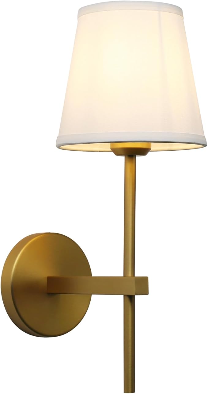 Vintage Wall Sconce White Fabric Shade, E26 Hardwired Bathroom Vanity Light, Indoor 1-Light Wall Mounted Lamp for Living Room Bedside Nightstand Light