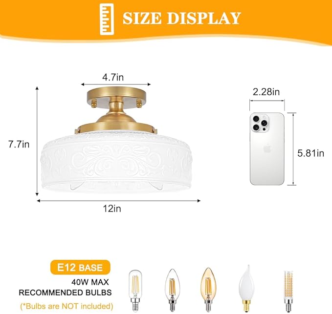 Gold Semi Flush Mount Ceiling Light with Hand-Carved Design - 12 Inch Vintage White Glass Shade with Etched Patterns, Easy Install 3-Light Fixture for Hallway, Kitchen, Bedroom