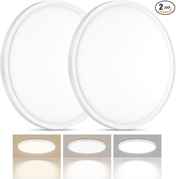 2 Pack LED Flush Mount Ceiling Light, 24W Ultra Thin Round White 3000k/4000k/6500k 3 Color Temperatures Adjusted 12 Inch Modern Ceiling Lights for Bedroom Bathroom Kitchen, Wired