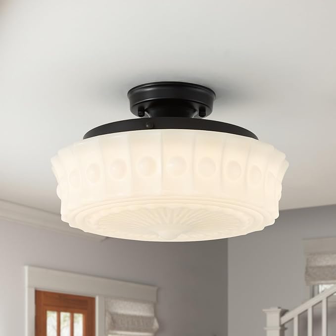 youngrender Schoolhouse Light Fixture Modern Black Flush Mount Ceiling Lighting 14" Milk White Glass Shade Vintage Ceiling Light for Farmhouse Kitchen Hallway Entryway